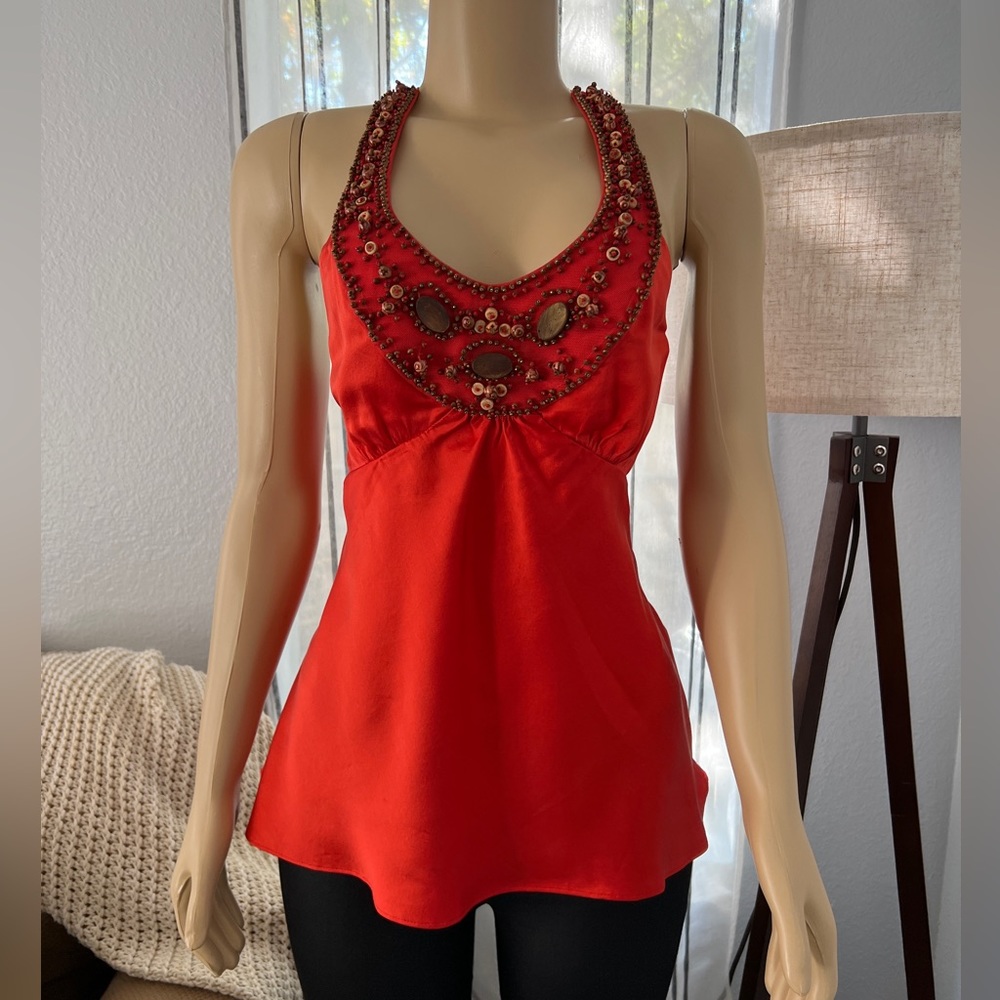 BCBGMaxAzria Red Orange Halter Neck Silk Top Shirt Size L Large